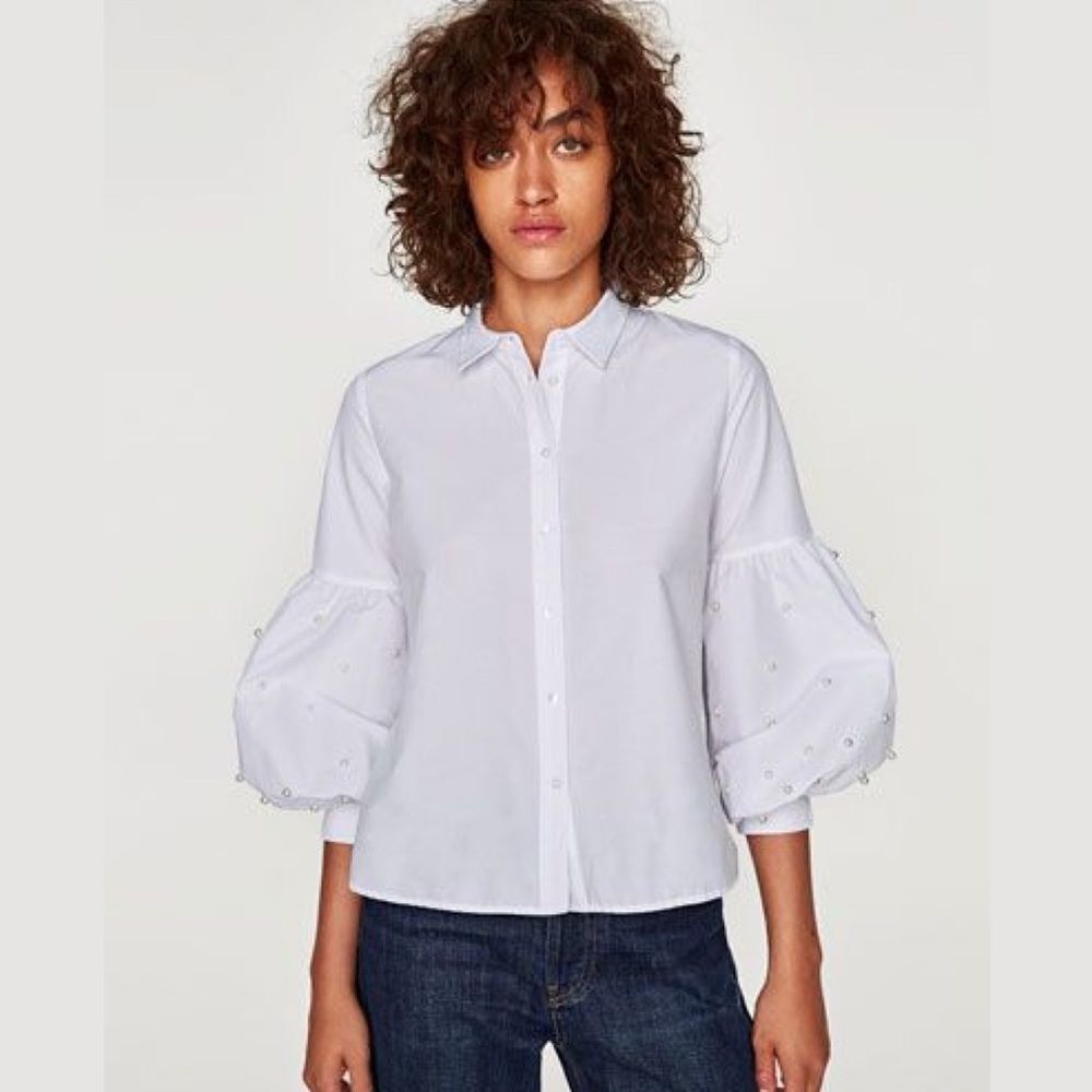 Zara Basic Editions Pearl Balloon Sleeve White Button Down Top Size XS